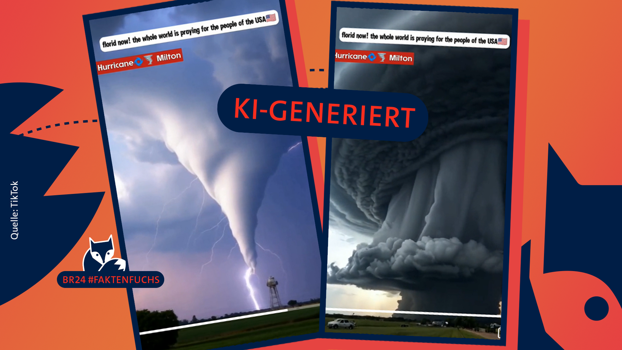 Auf TikTok grassieren angebliche Clips des Hurricane „Milton“, die das wahre Ausmaß der Katastrophe verzerren. | Bild: Quelle: TikTok, Montage: BR Auf TikTok grassieren angebliche Clips des Hurricane „Milton“, die das wahre Ausmaß der Katastrophe verzerren.