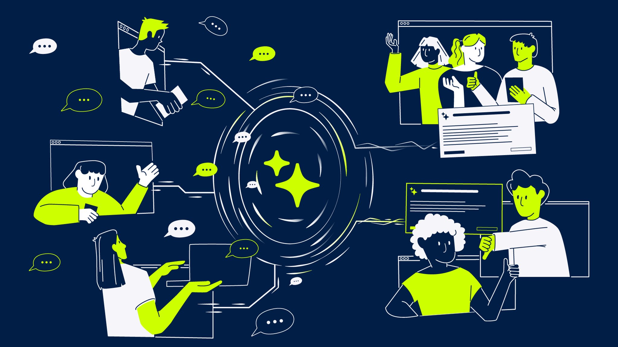 Eine Illustration, die Kommentatoren zeigt, die die KI symbolisiert, und die zeigt, wie Cluster von Kommentatoren gebildet wurden, samt Illustration der neuen Box.