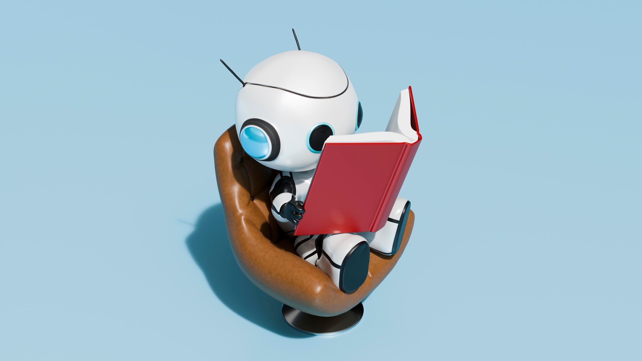 KI-generierter Roboter liest ein rotes Buch in einem braunen Sessel. | Bild: picture alliance / Westend61 | George J KI-generierter Roboter liest ein rotes Buch in einem braunen Sessel.